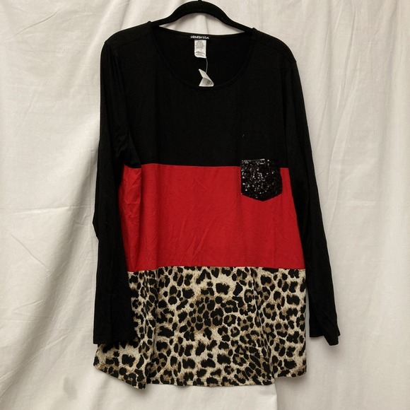 Hemish U.S.A. Tops - NWT Hemish USA Black, Red & Lepard Long Sleeve Top w/Sequin Pocket - SZ 1XL